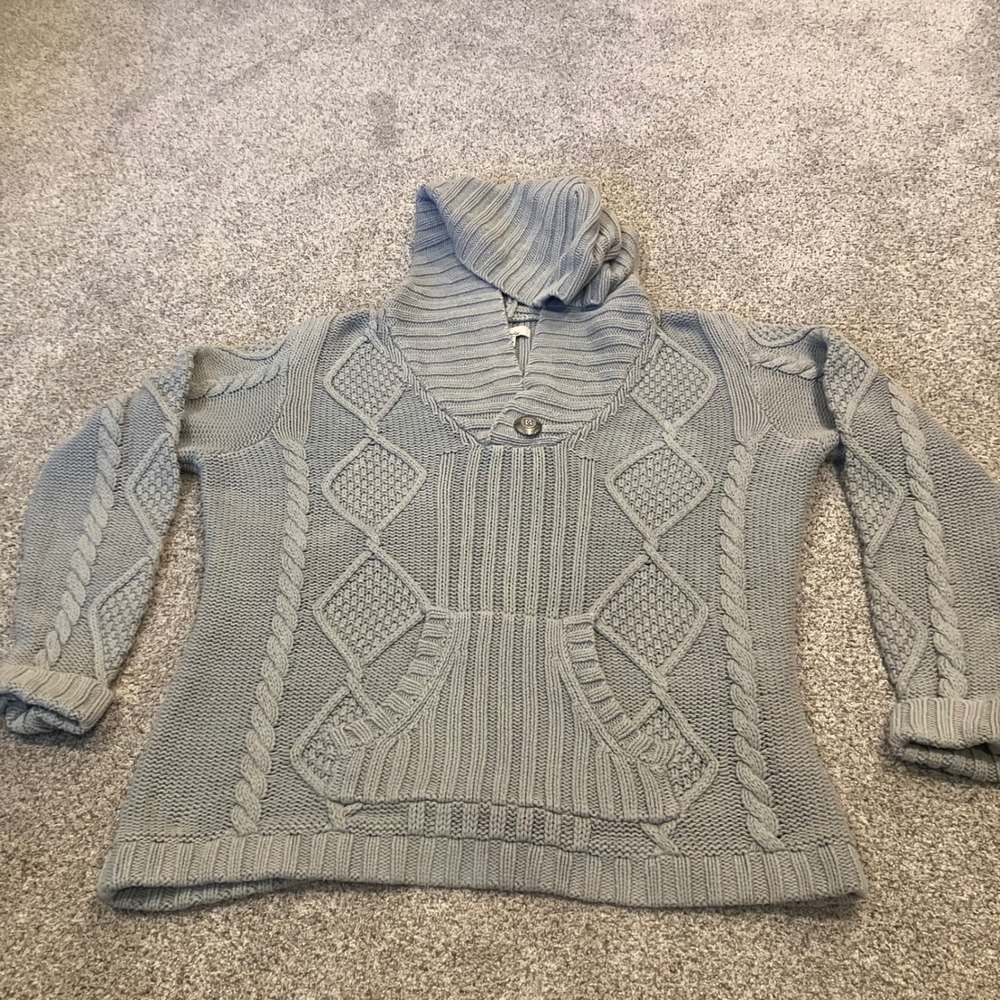 VTG Bob Timberlake Women XL Cable Knit Hoodie Sweater Button Tan Fisherman Hygge